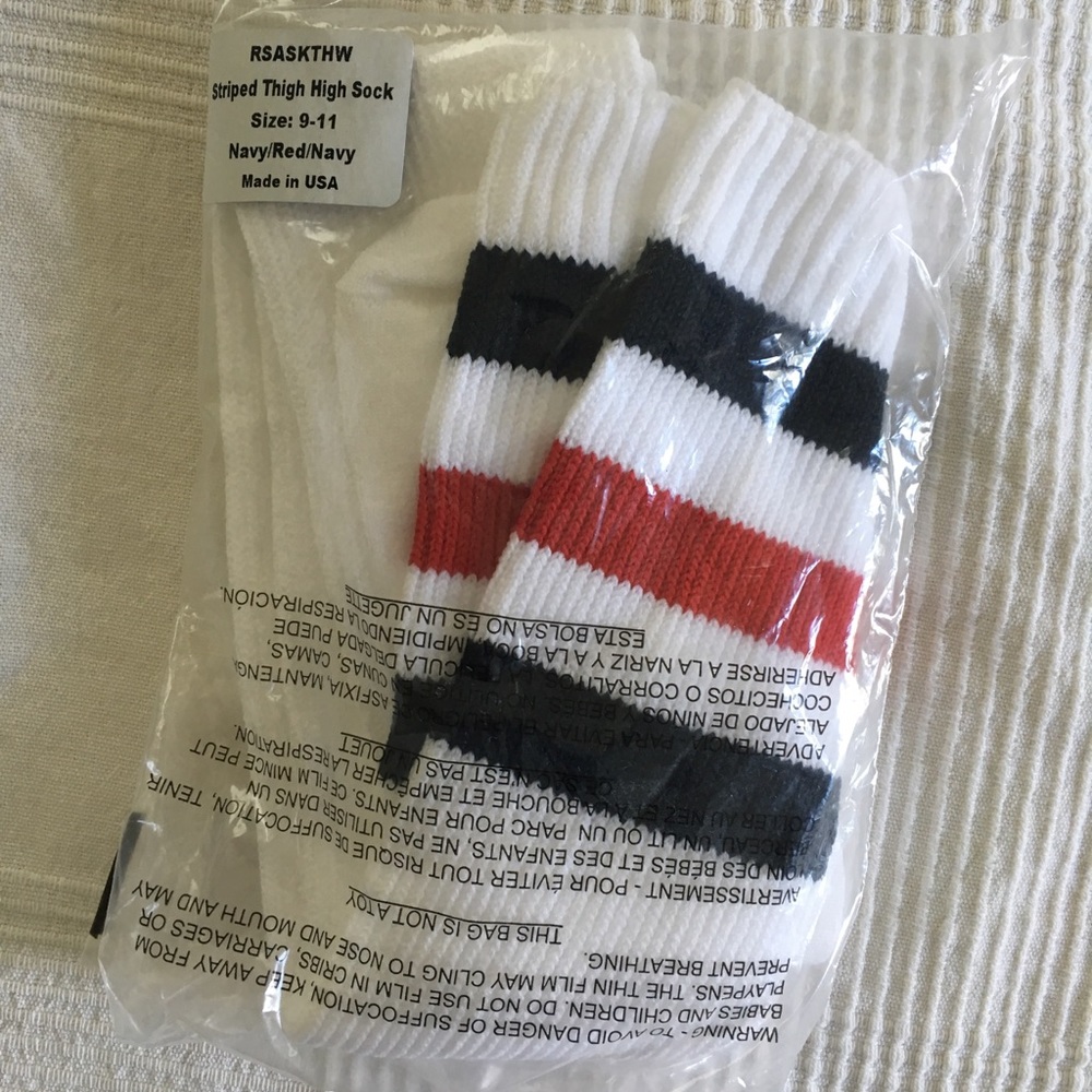 Red and Navy Thigh High Striped Socks